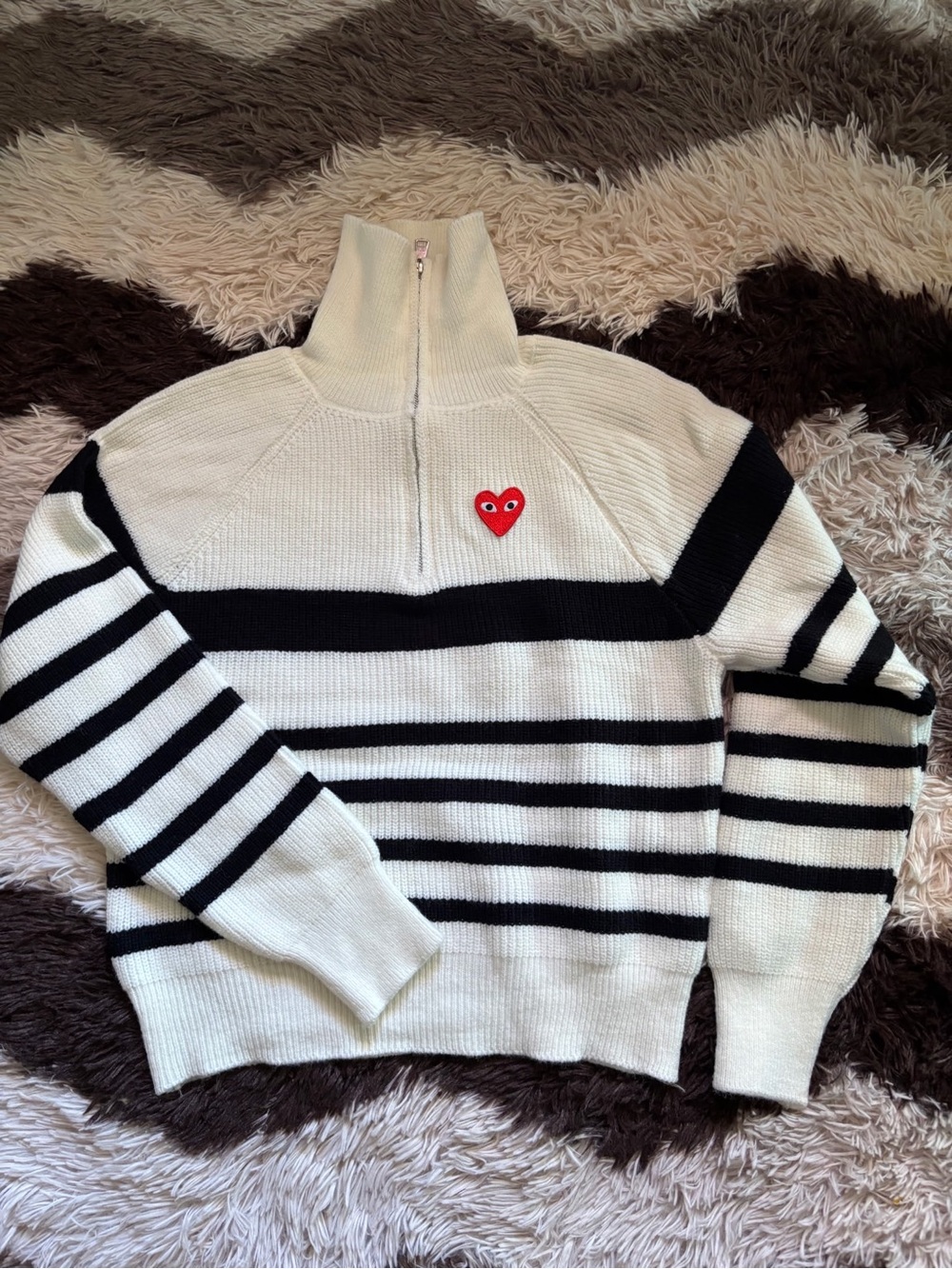 Cream and Black Striped Half-Zip Sweater with Red Heart Patch medium size